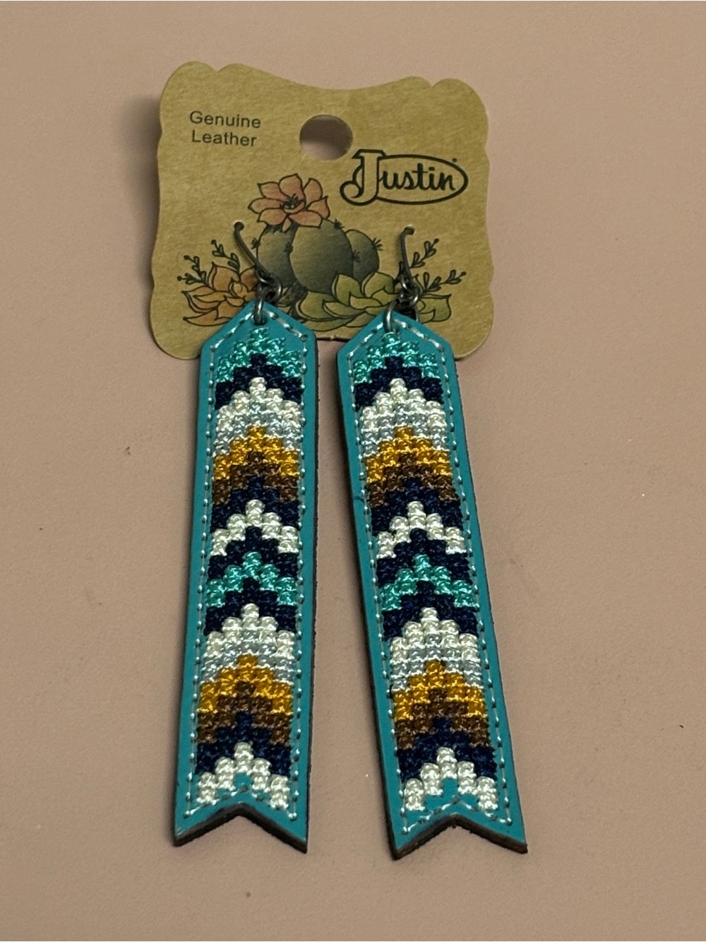 Justin Boots Teal Beaded Chevron Leather Drop Earrings New